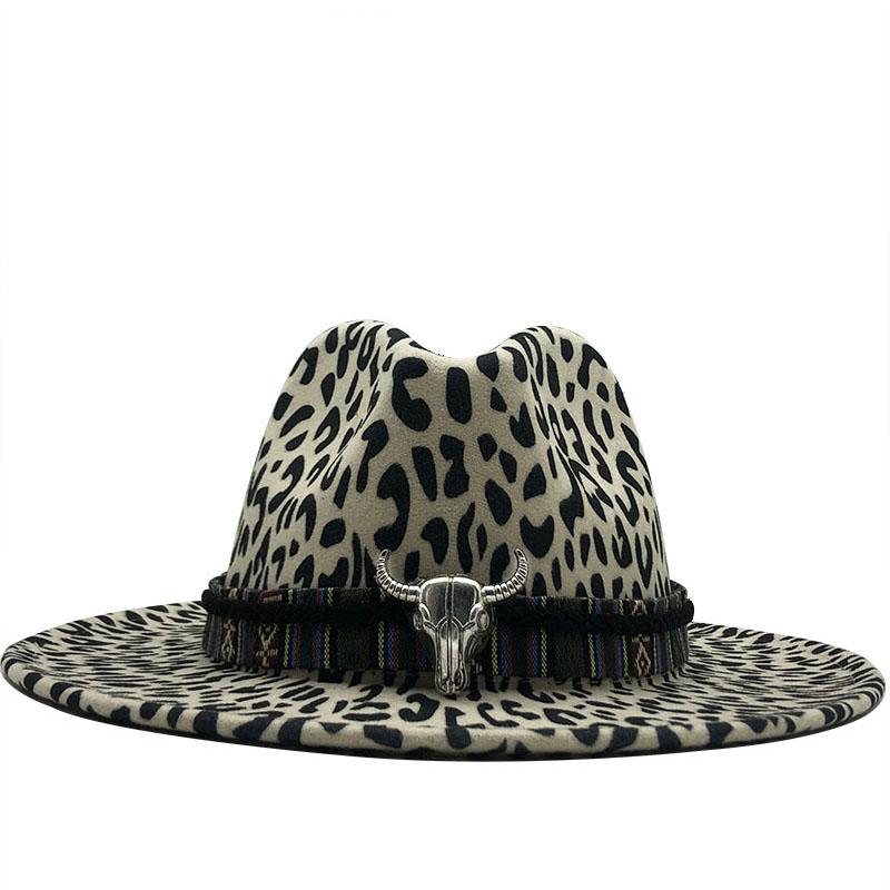 Hot Trend Unisex Flat Brim Wool Felt Jazz Fedora Hats Men Women Leopard Grain Leather Band Decor Trilby Panama Formal Hats 60CM