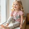 Girls' 2-Piece Short Sleeve Top and Cotton Pants Set with Animal Print for Summer