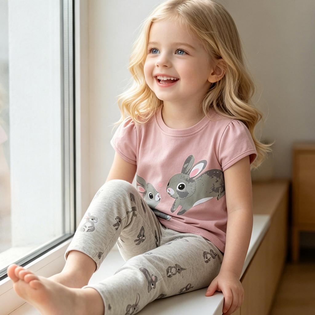 Girls' 2-Piece Short Sleeve Top and Cotton Pants Set with Animal Print for Summer