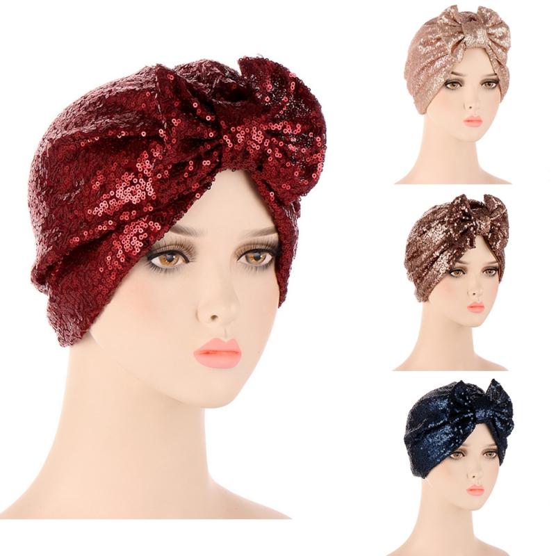 Turban Hat Bag Cap Bow Sequin Muslim Solid Color Hat