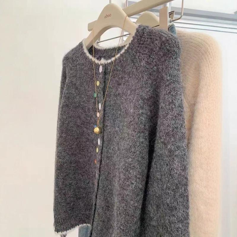 Grey round neck long sleeve knitted cardigan sweater jacket women's new small wear soft waxy loose top
