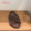 Aphixta Neue Warme Winterfleeces Fellige Damen Hausschuhe Überkreuzriemen Eckige Zehenpartie Damenschuhe Flacher Absatz Haar-Pantoletten Schuhe