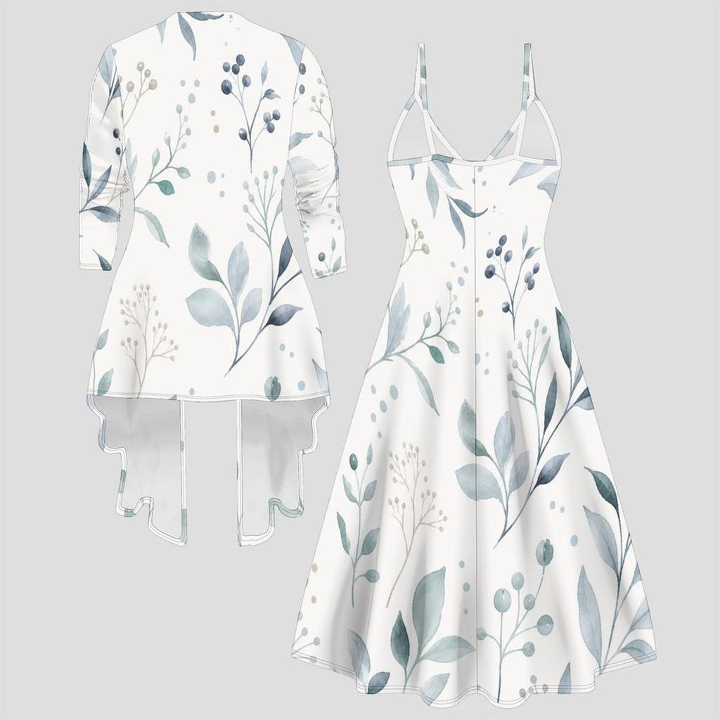 Women Plus Size Two Piece Outfit Long Sleeve Open Cardigan Cami Maxi Dress