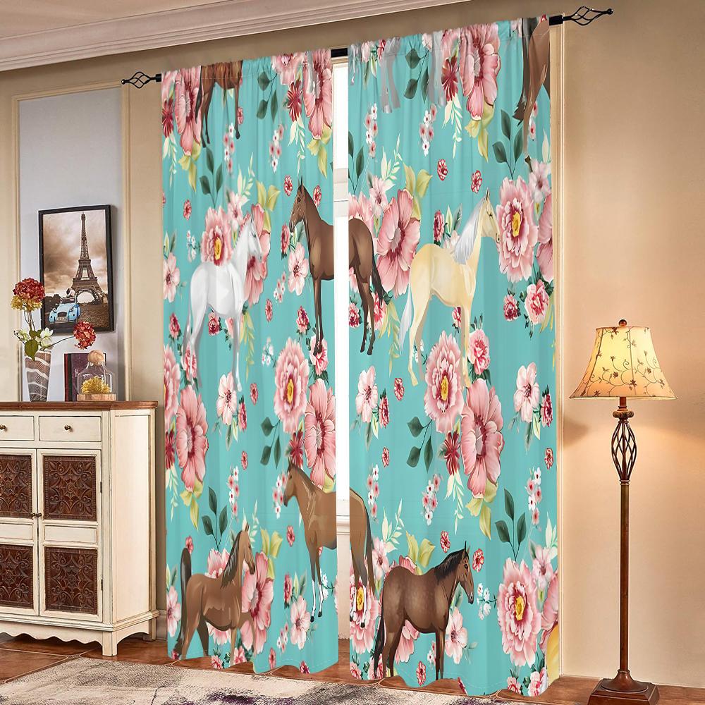 2 pieces, retro elegant floral animal horse curtains -30% blackout - suitable for living room, bedroom, kitchen and home decorat