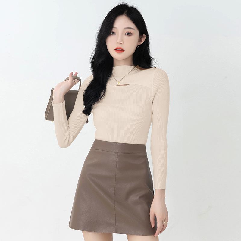 Hollow Out Inner Slim Fit Base Sweater for Women's Autumn and Winter Knitwear Top Semi High Neck Pullover Sweater