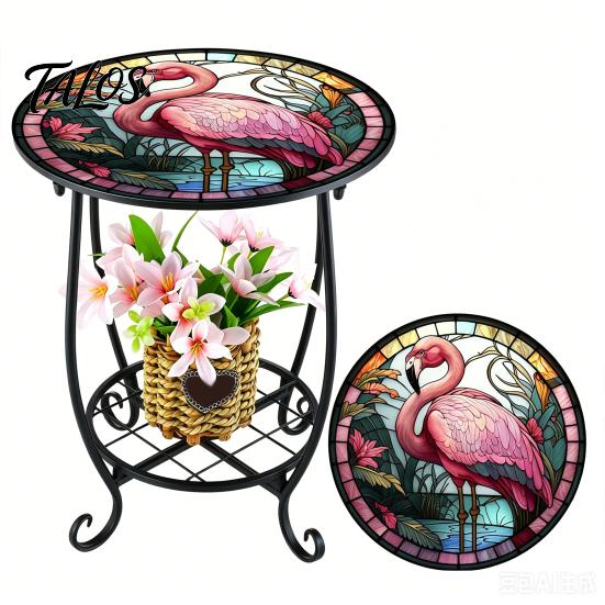 Mesa Lateral Externa Talos, Redonda Pequena Mosaico Pássaro Borboleta Acento de Pátio, Mesa de Apoio para Plantas Café Chá Interna para Quintal Varanda Jardim Sala de Estar, Quarto