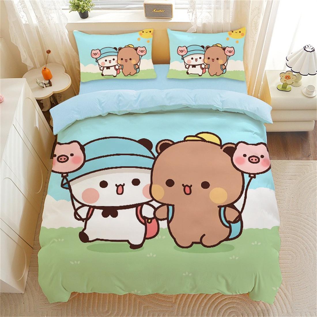 Cartoon Beer Panda Dekbedovertrek, Schattige Bubu Dudu Beer Beddengoedset Zacht Polyester 3D Digitaal Gedrukt Dekbedovertrek en Kussensloop 90x200cm