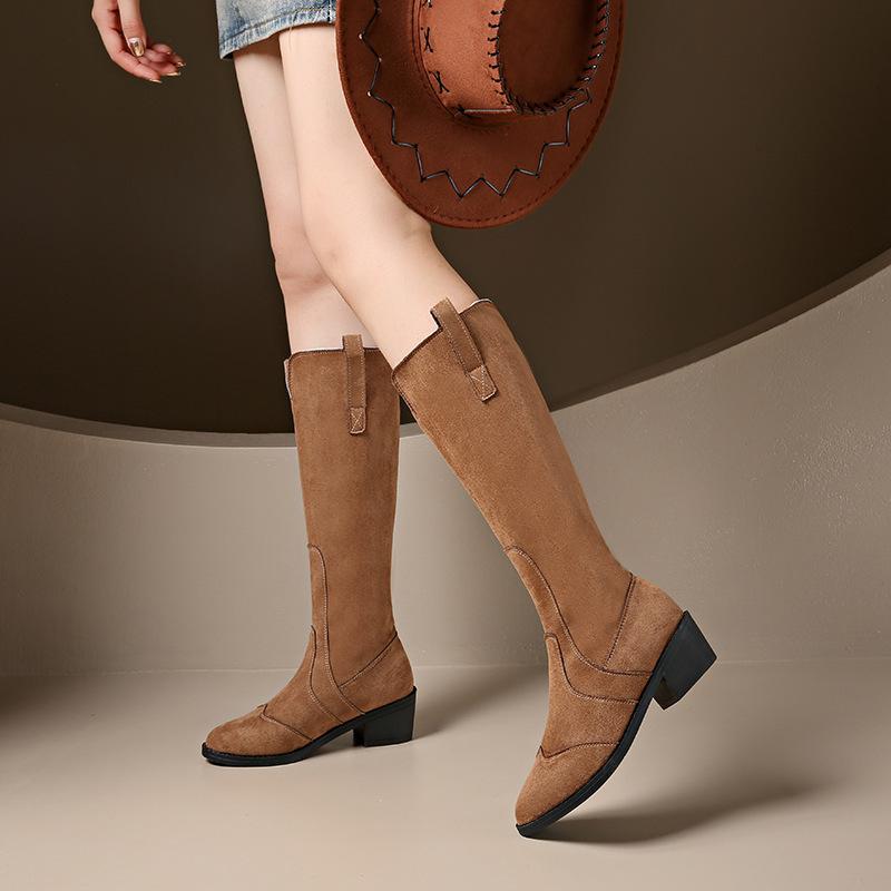 Foreign trade large size boots thick heel middle heel boots 2025 tall knight new autumn and winter western pointed boots