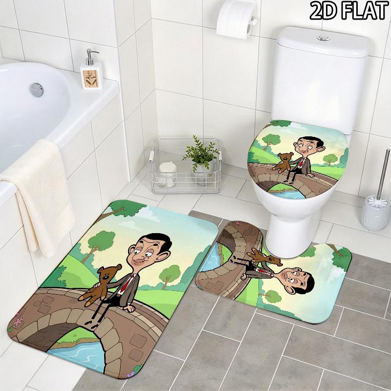 3pcs Mr. Bean Pattern Flannel Nonslip Absorbent Washable Decorative Bathroom Home Toilet Seat Cover Mat