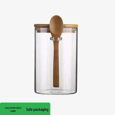 Transparent Glass Spice Jars with Wood Lids and Spoons for Coffee Beans