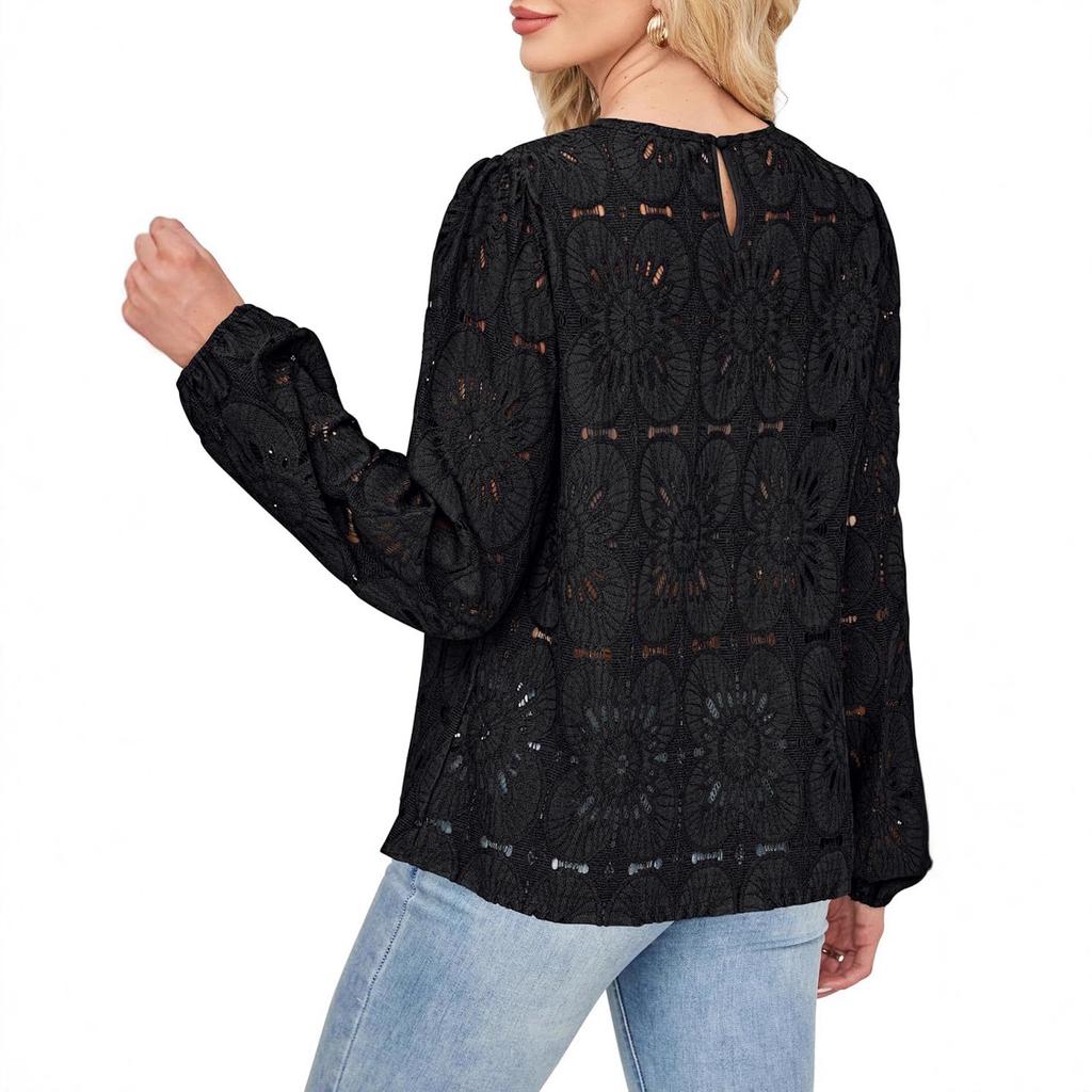 Women's Solid Color Round Neck Elegant Petal Hollow Long-sleeved T-shirt