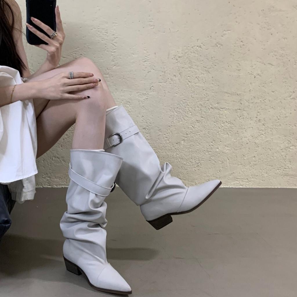 ALILOVERS European and American style temperament pointed pile boots women's autumn new sleeve thick heel knight boots