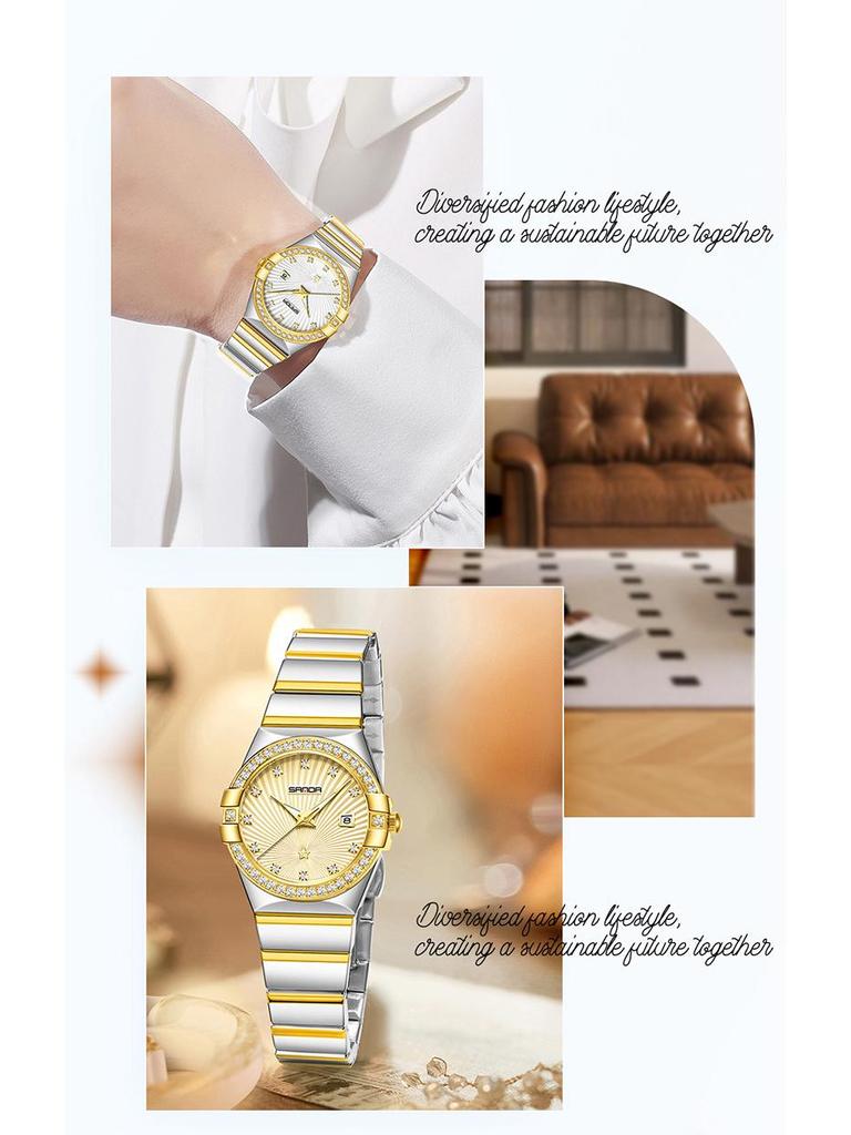 Sanda Women's Luminous Sunray Dial Quartz Watch with Vintage Calendar & Diamond Accents, Waterproof.