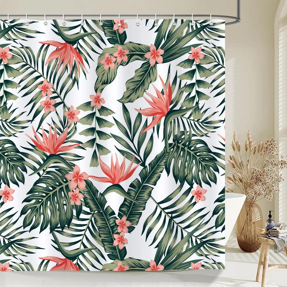 Green Plant Leaves Print Shower Curtains Watercolor Boho Floral Waterproof Morden Bathroom Bathtub Curtain Room Decor With Hooks