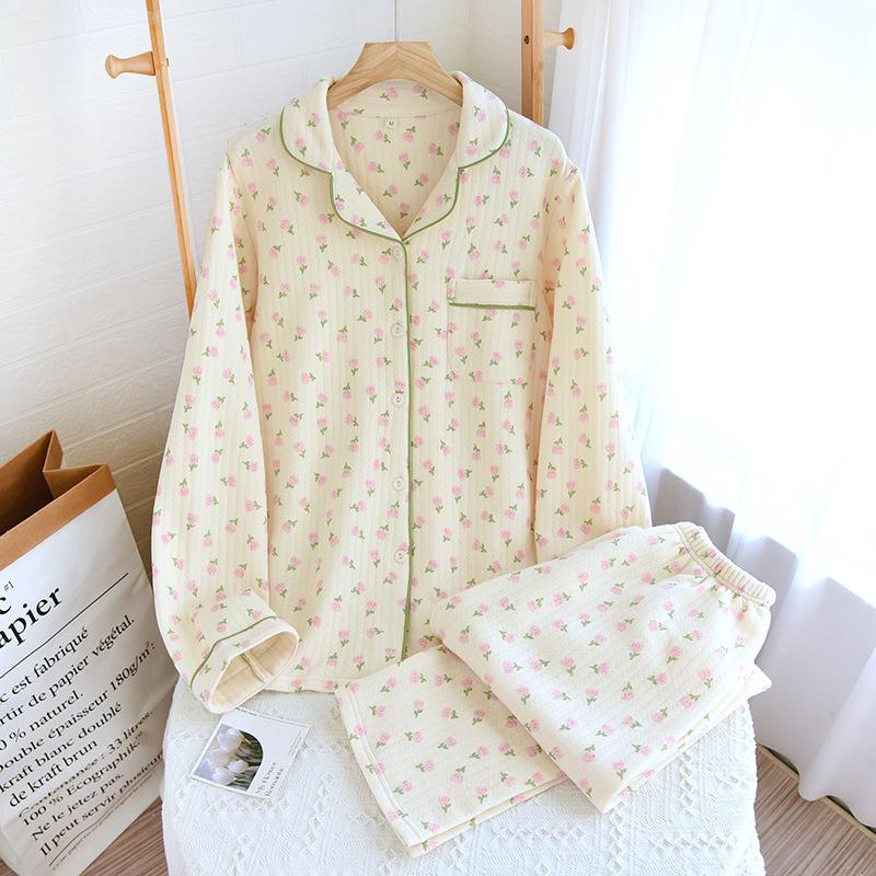 

Autumn Floral Cotton Women s Pajama Set: Long-Sleeve Lapel Cardigan L