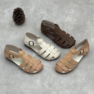 Sandales romaines en cuir véritable rétro décontractées, couleur unie, peau de vache, semelle souple, chaussures plates pour femmes