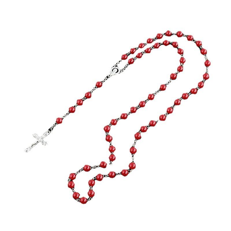 Women's Christian Fashion Faux Pearl Rosary Necklace with Virgin Mary & Jesus Cross Pendant Long Beads Chain Jewelry