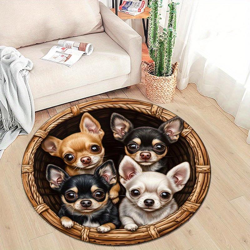 Puppy-Themed Polyester Round Area Rug - Non-Slip, Crystal Velvet, Lightweight - Ideal for Living Room, Bedroom, Chair Mat Home Decor