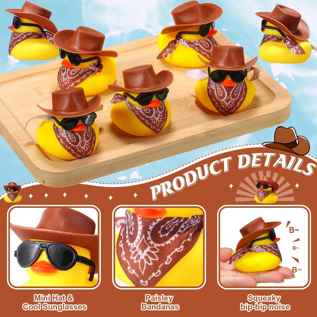 48Pcs Rubber Duck Cowboy Mini Yellow Duckies Ducks Toys With Cowboy Hat Sunglasses For Summer Birthday Gift Party Favor