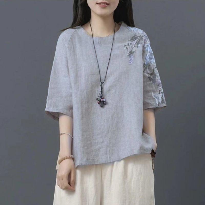Lněný top Dámský volný střih Umělecký Vintage Čínský styl Oblek Výšivka Plus size Ležérní tričko na léto
