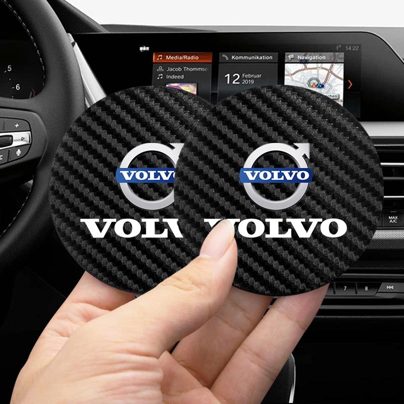 2Pcs Carbon Fiber Coaster Car Water Cup Anti-slip Pad Mat Auto Interior For Volvo Rdesign XC60 XC90 V50 XC40 V70 S90 V60 V40 S60