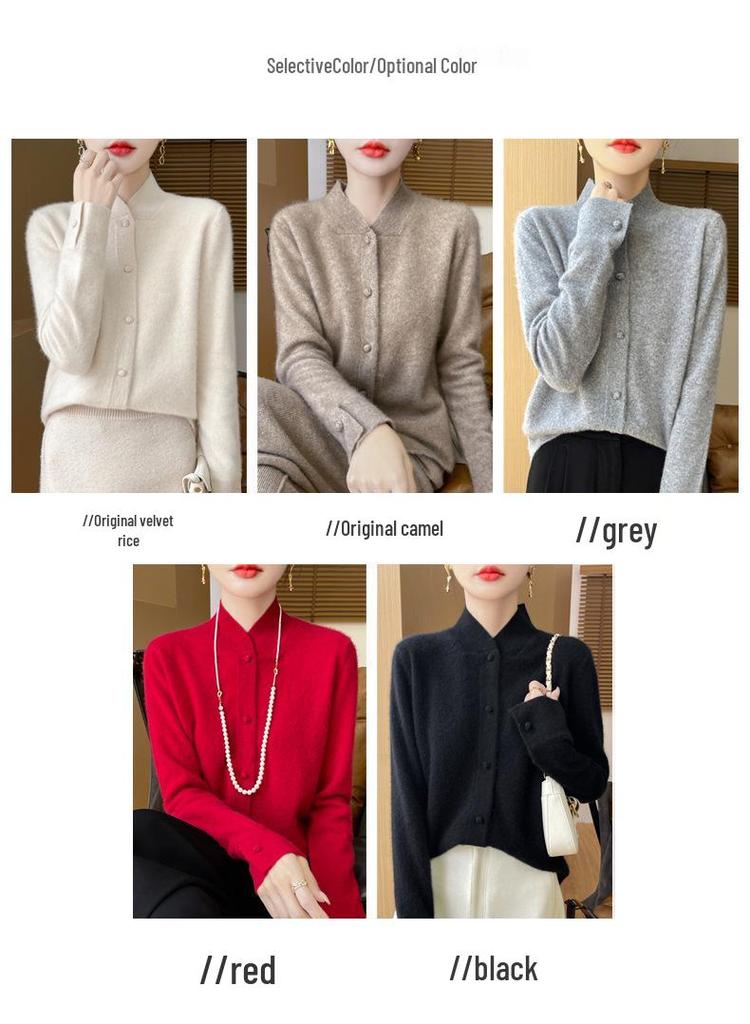 2024 Women's Stand Collar Wool Knit Qipao Cardigan - Casual Versatile Solid Color Sweater for Autumn/Winter