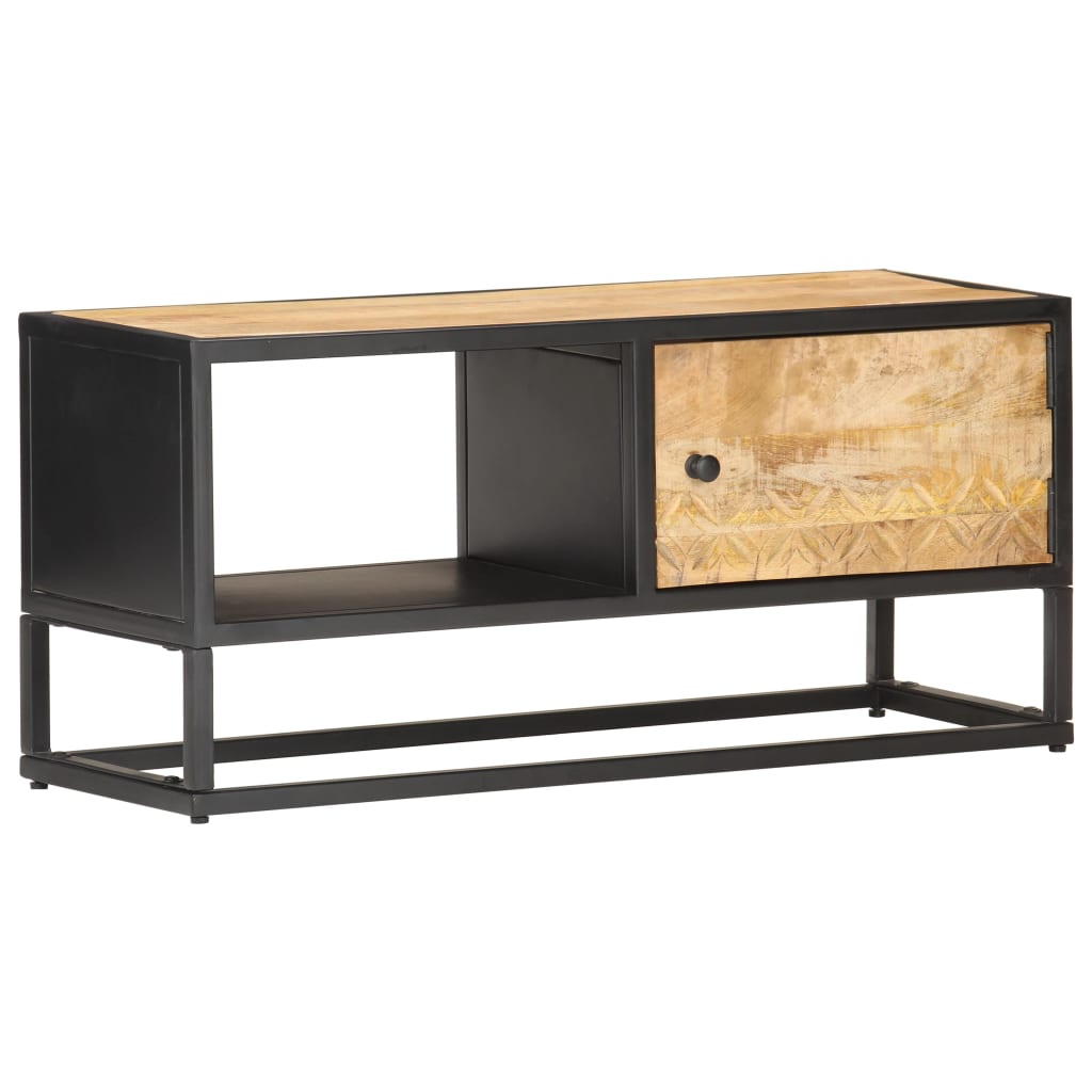 TV Stand with Carved Door 90 X 30 X 40 Cm Rough Mango Wood