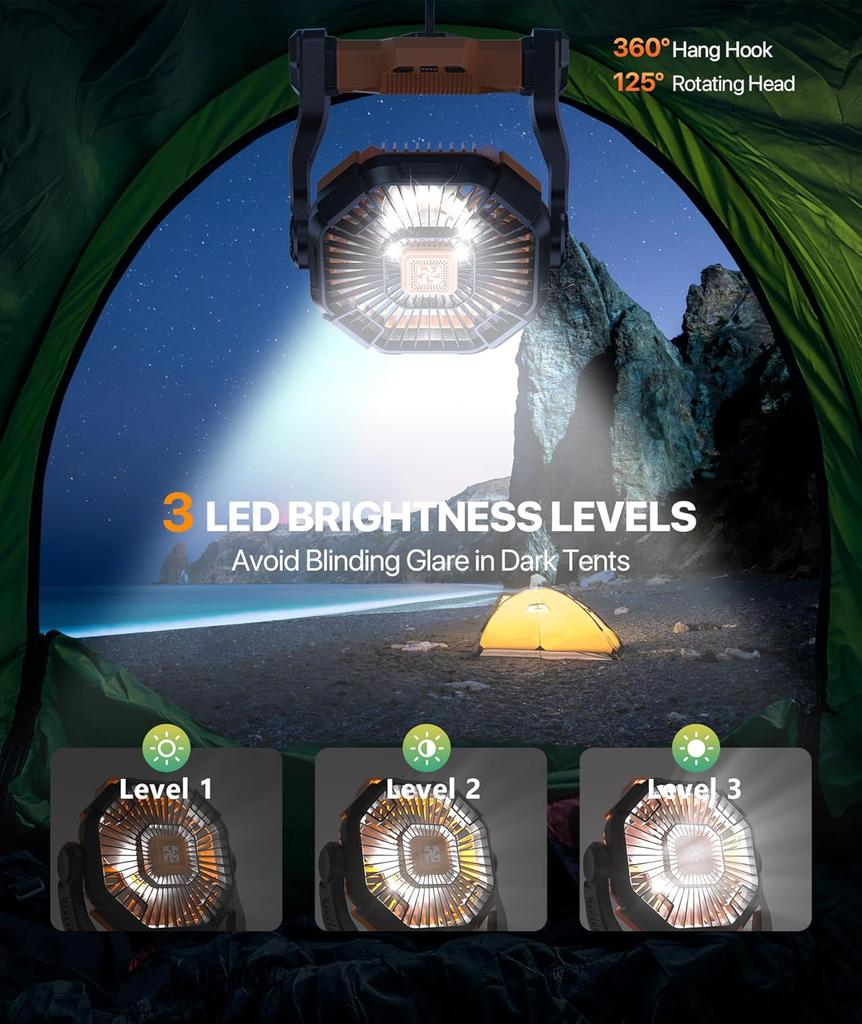 Camping Fan Battery Power Portable Rechargeable Fans,Light,Hook 3 Speed Quiet Cordless USB Personal Cooling for Desk Home Beach