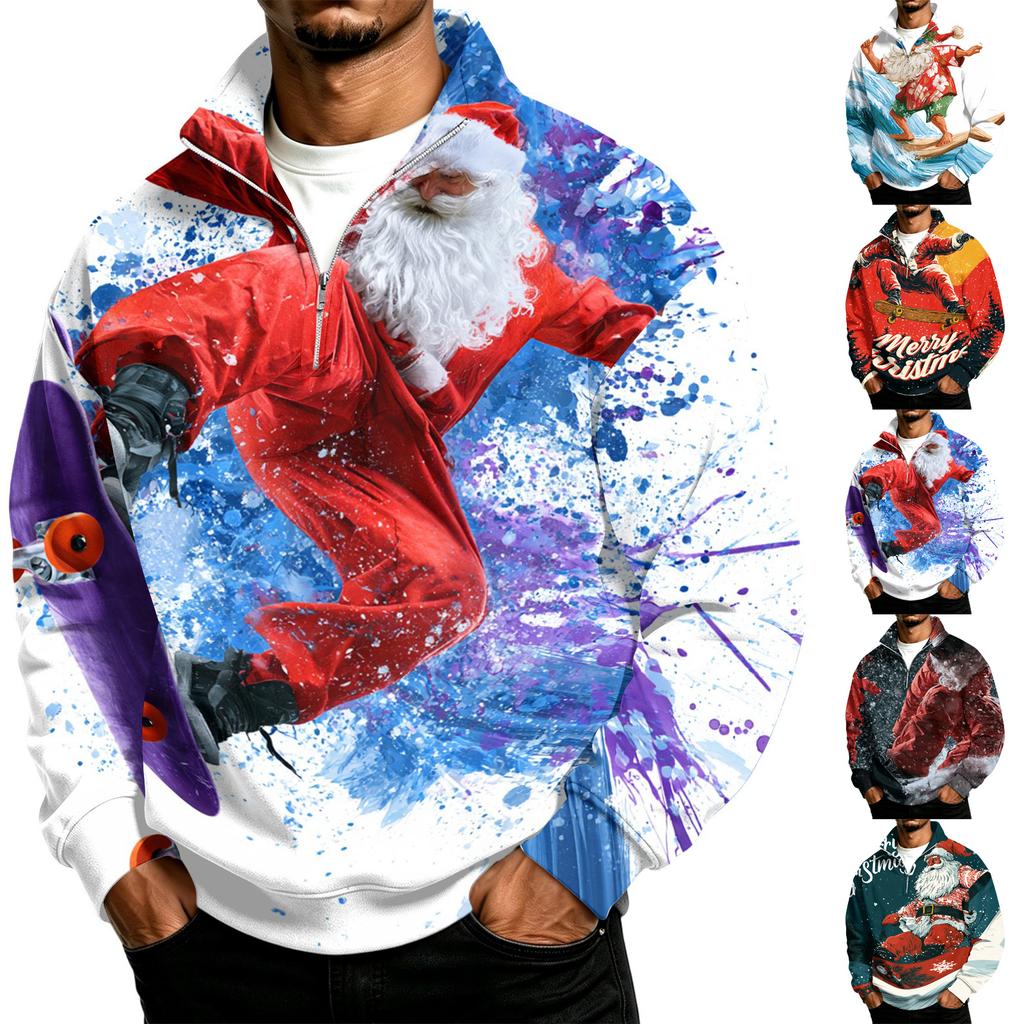 Men's Casual Stand Collar Sweatshirt with Christmas Print Long Sleeve Pullover