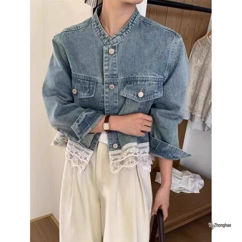 2026 Early Spring Retro Hong Kong Style Washed Lace Patchwork Denim Jacket - Women's Short Loose Fit with Small Stand Collar