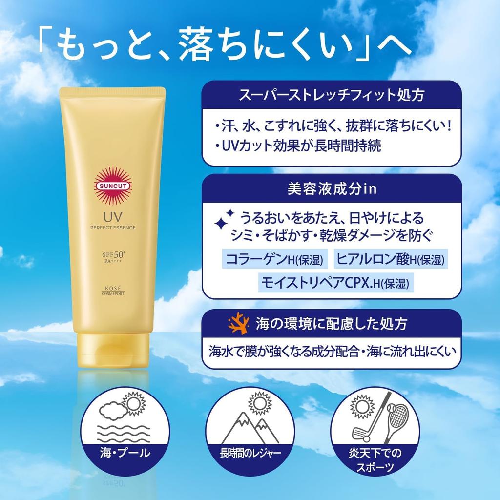 Suncut Perfect UV Essence UV Water Resistant 120g For Face and Body Sunscreen Super Waterproof Allergy Guard Function Contains Collagen and Hyaluronic