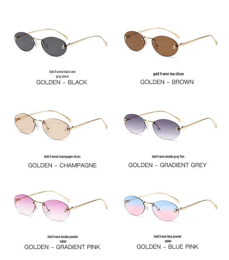 Women's Trendy Oval Rimless Rhinestone Sunglasses - European & American Style, Small Frame with Letter F Design