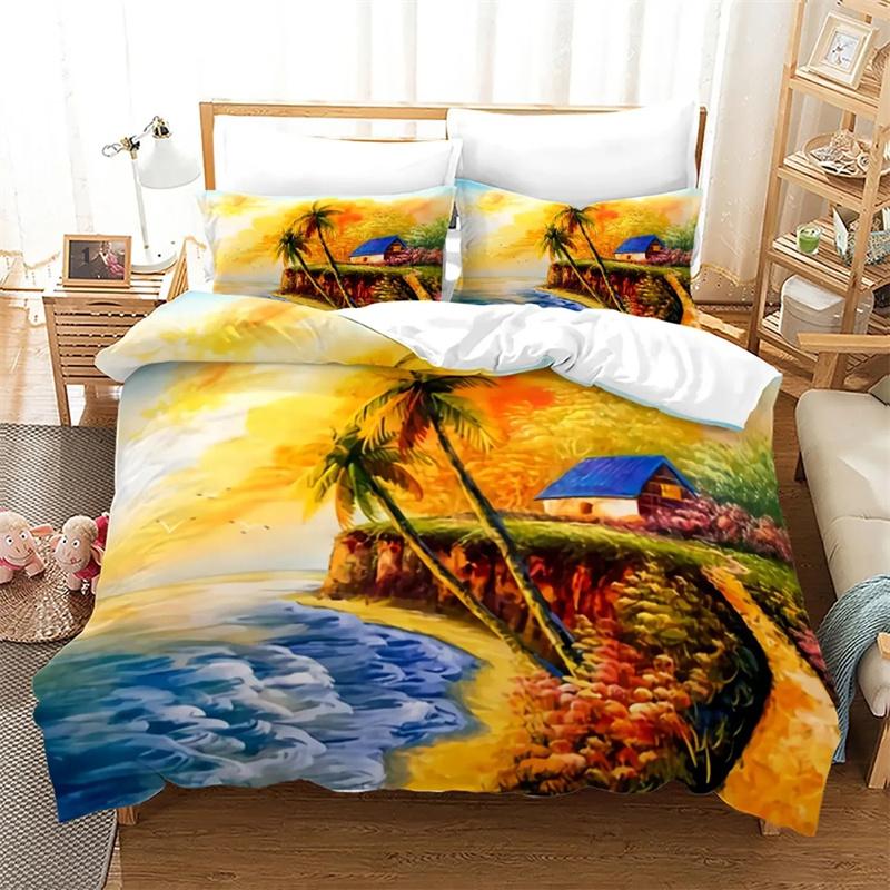 Ocean Duvet Cover Set Queen/Full Size Tropical Island with The Palm Trees and Sea Beach Nature Theme Print Polyester Bedding Set