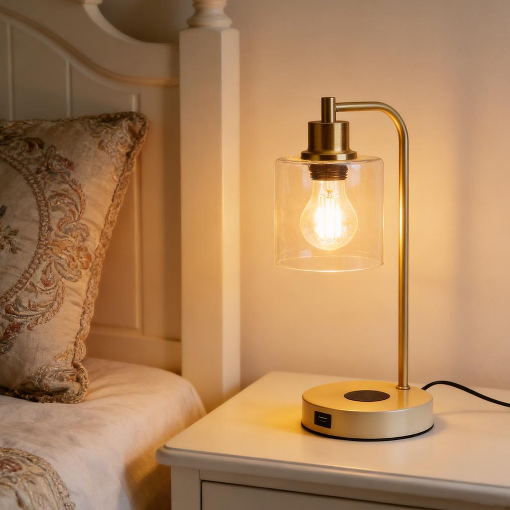 Industrial Table Lamp with Wireless r USB Port Touch Control 3 s Brightness Bedside Lamp for Bedroom Guest Room