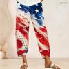 Women Plus Size Cross Hem Long Pants Burst Star Glitter Patriotic Print Loose Casual Trousers