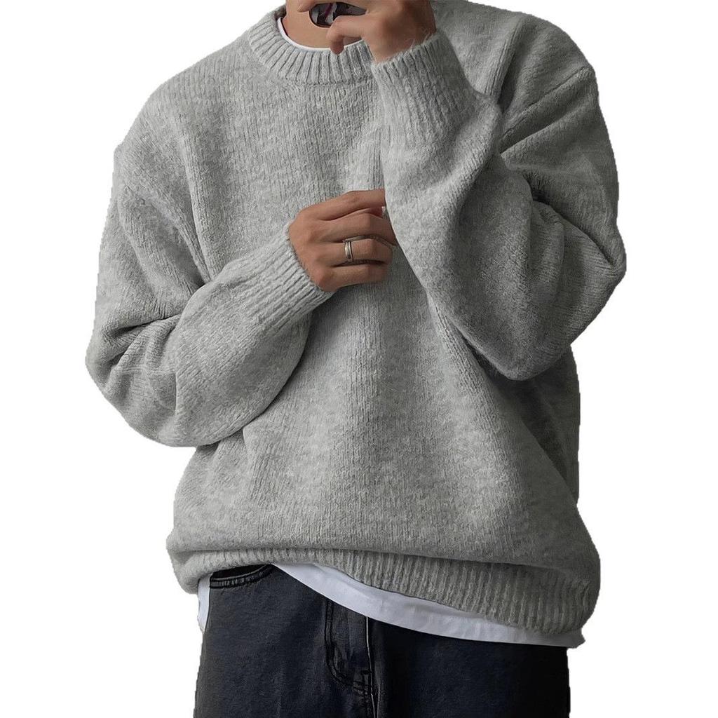 סוודר סריג גברים בצבע אחיד עם צווארון עגול - כתף ירודה, חם, רב-תכליתי, סגנון עצלני, ביגוד חיצוני מעובה לאביב ולסתיו.