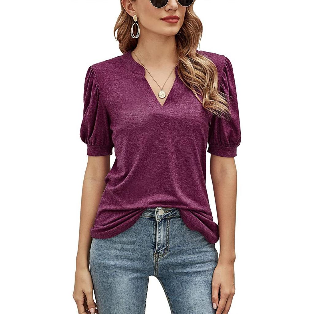Summer Women's Casual V-Neck Solid Color Puff Sleeve Loose T-Shirt Top for Women European & American Crossborder Apparel