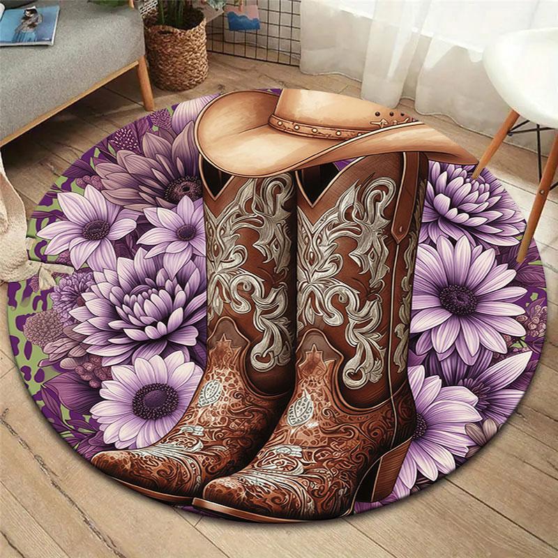 Cowboy Boots Round Area Rug,Carpet Rug for Living Room Bedroom Sofa Playroom Decor,Non Slip Floor Mat