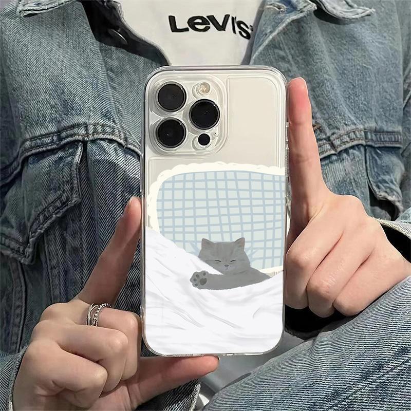 Couple Cute Sleeping Cat Dog Transparent Anti-Fall Phone Case for Iphone 16 15 14 13 12 11 Pro Max 7 8 Plus 16E Cover