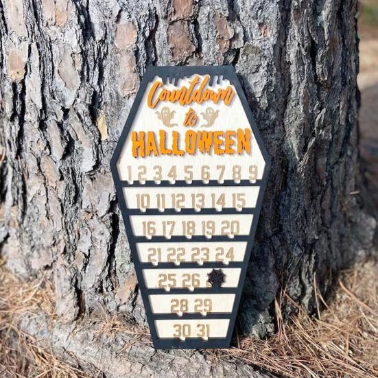 Halloween Countdown Calendar Wooden Coffins Shape Countdown Plaque Ornaments with Pumpkins Ghosts Bats Haunted House Party Decoration