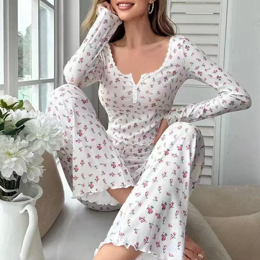European & American Style Autumn/Winter Sexy Casual Fashion Pajama Set: Women's Long-Sleeve Top and Pants