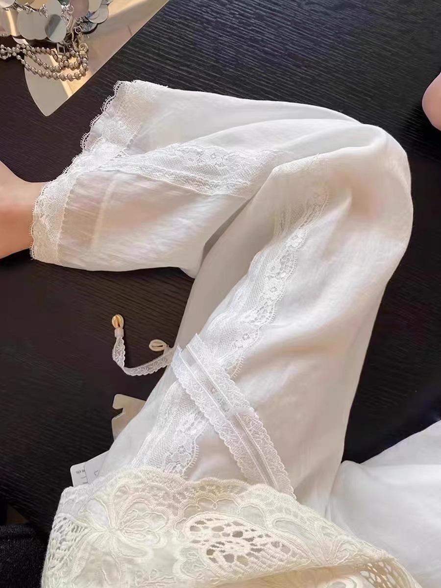 

Женские широкие брюки из белого льна с кружевной вышивкой - Коллекция Лето 2026 Medium