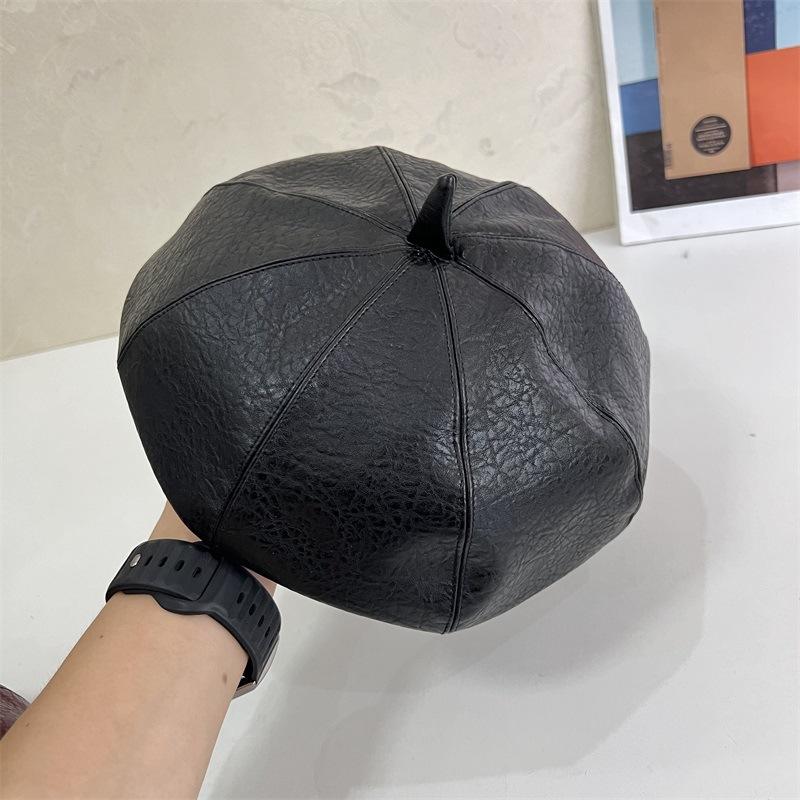 Jesienno-zimowy mały standardowy beret ze skóry liczi damski wszechstronny retro kapelusz dyniowy modny jednolity kolor wysmuklający twarz