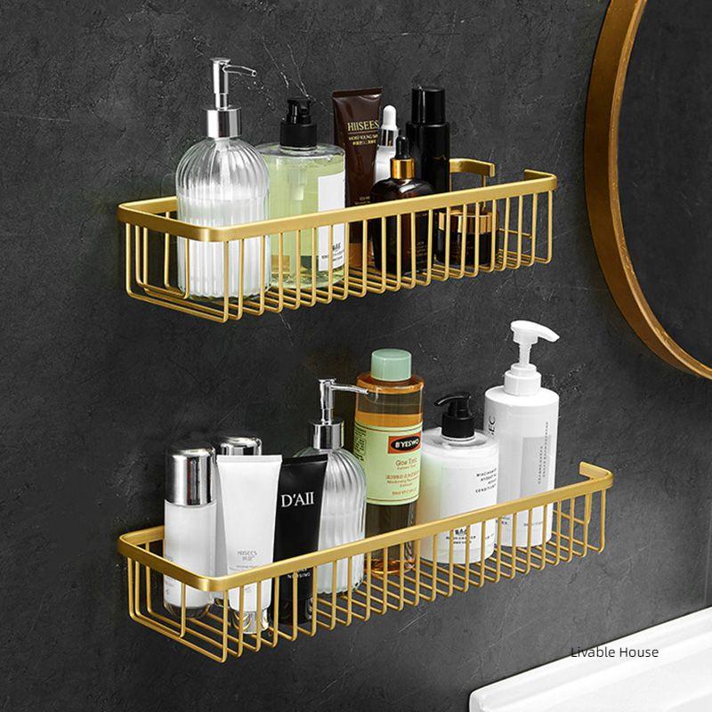 Wall Mounted Bathroom Shelf Shampoo Cosmetic Storage Rack Brushed Gold Storage Organizer Rack Soap Cosmetic Shelf Household Item