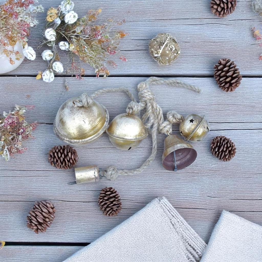 Rustic Gold Metal Wind Chime 22" Long with 5 Mixed Shape Bells, Handmade Jute Rope Hanging Decor for Garden and Home