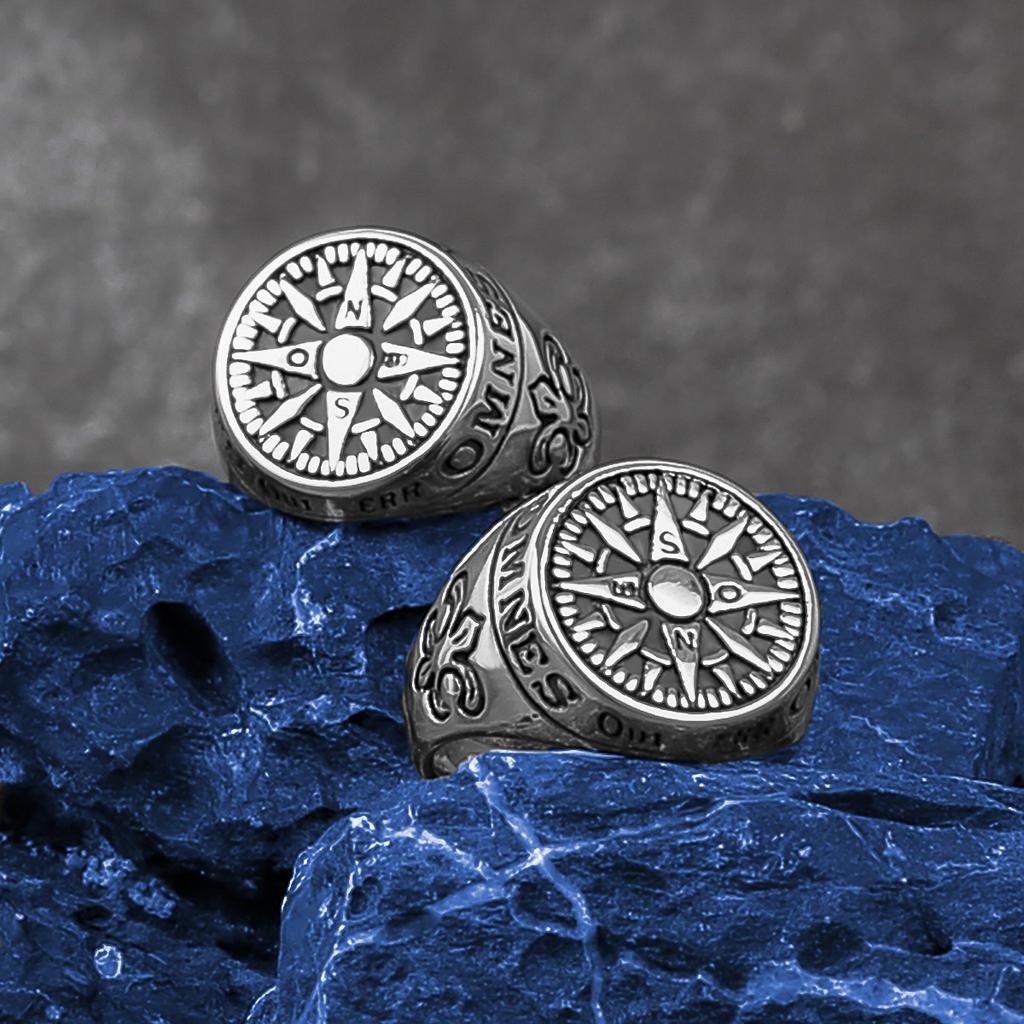 Vintage Titanium Steel Ring for Men Nordic Viking Letter Compass Handmade Boutique Jewelry Gift