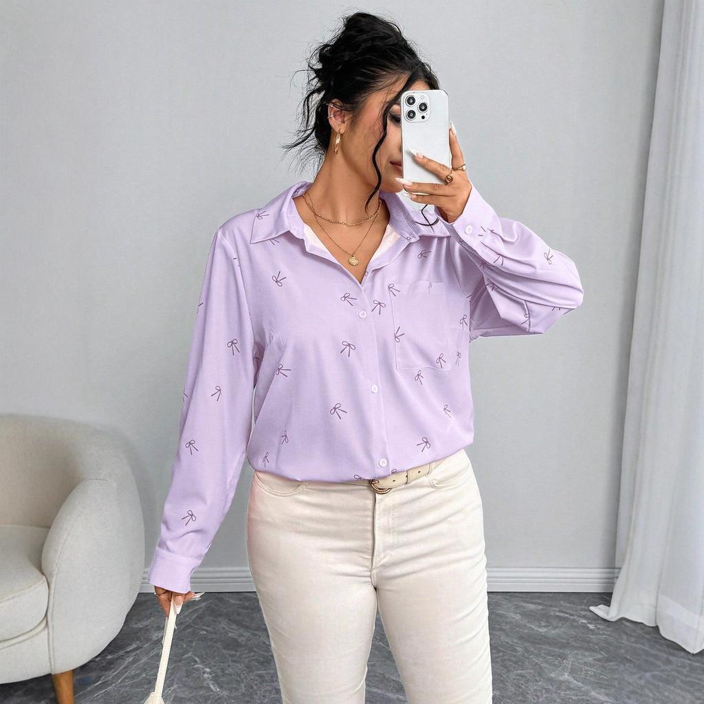 New Large-sized Women's Shirt Jacket Autumn Loose Bow Print Long-sleeved Casual Shirt