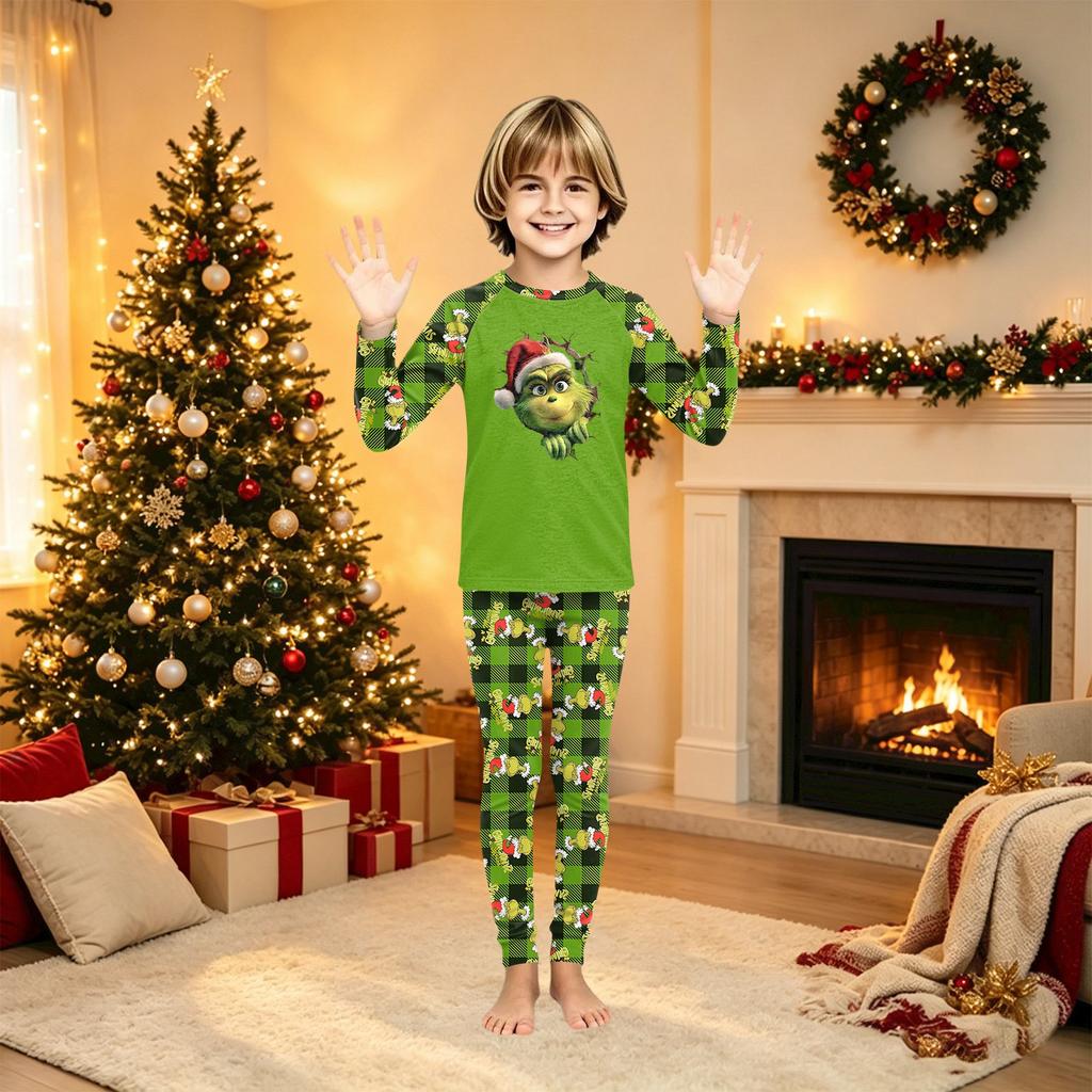 Family Matching Christmas Print Pajama Set Long Sleeve Neck Top and Pants for Kids and Adults