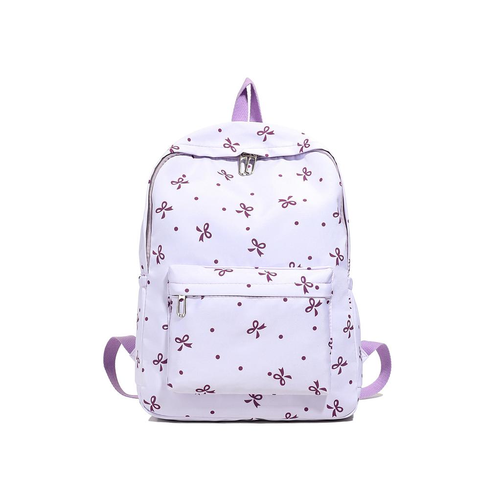 Nylon Material Bow Print Backpack Quilted Design Multi-Pocket Large Capacity School Bag Adjustable Straps Reinforce Structure