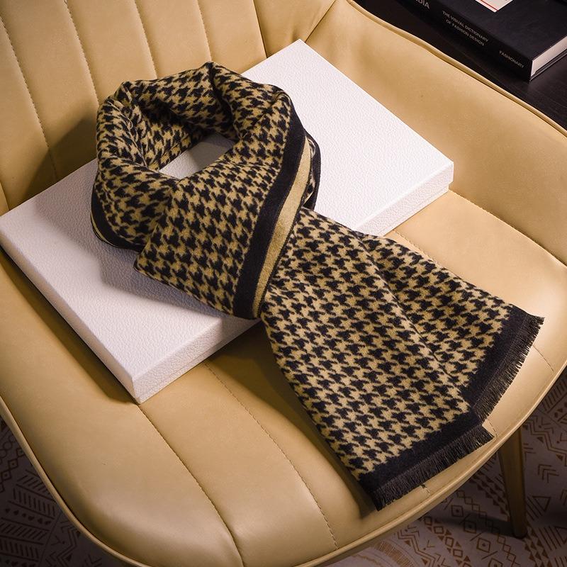 Black and Gray Wool Scarf, Men's Autumn and Winter Plaid Scarf, High-end Business Gift, Birthday Gift for Boyfriend